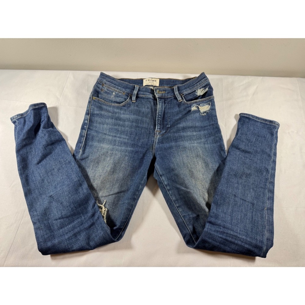 Frame Denim Skinny Jeans Medium Wash Distressed Ripped Size 28